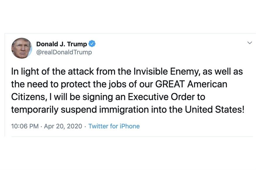 [ai] A screenshot of a tweet by Donald J. Trump featuring his profile image. The tweet discusses an Executive Order to temporarily suspend immigration into the United States, citing the need to protect jobs for American citizens. Date and time are included.